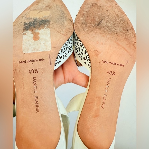 Manolo Blahnik White leather laser Cutout Carolyne slingback kitten pumps EU40.5 - Picture 7 of 7